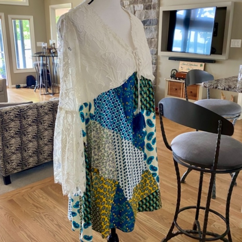 Boho Patchwork Lace Flowy Dress in Cream, Blue & Green, yellow accents. Lovely